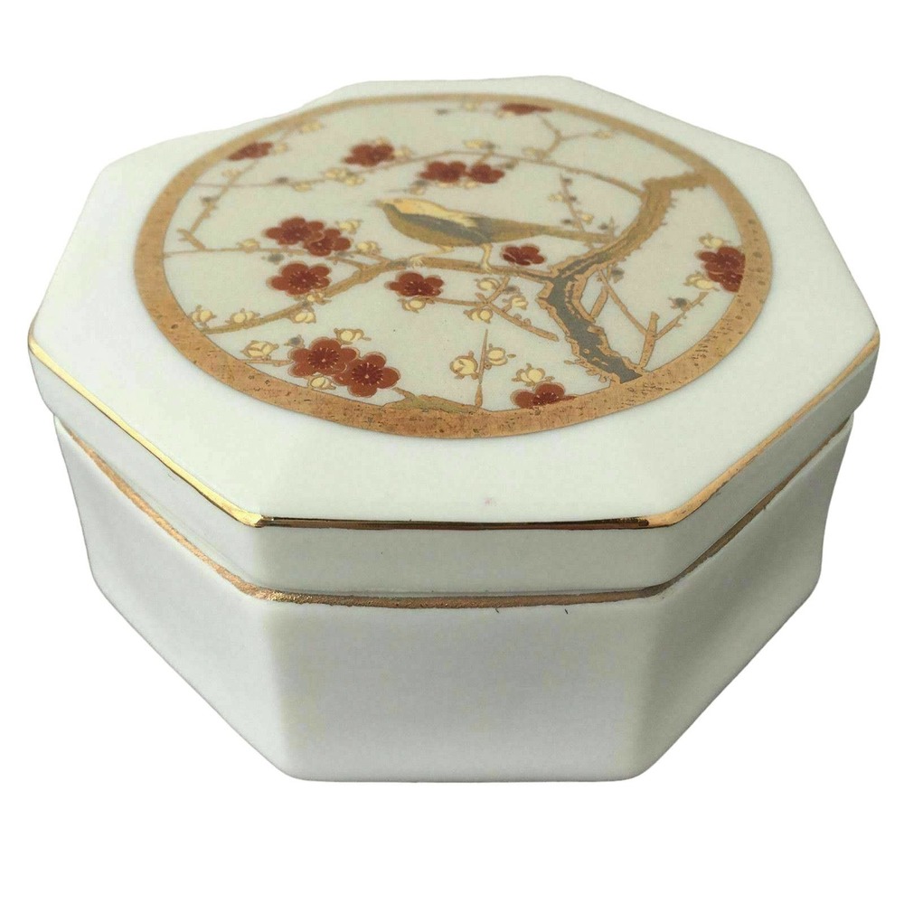 VTG Singing Bird Octagonal Trinket Jewelry Box Ceramic White Gold Red Japan